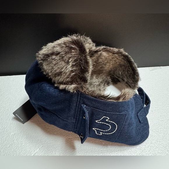 True Religion Blue Denim Trapper Hat with Faux Fur - Picture 11 of 14
